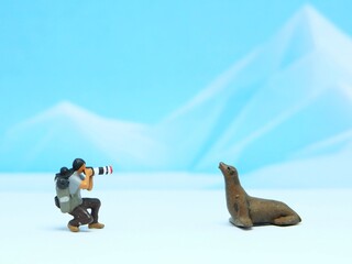 Mini toy of action figure at outdoor with blurred background. Miniature photography concept design. Minifigure wildlife photographer character with sealion at antarctica.