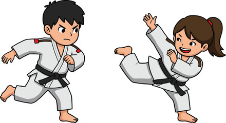 Cartoon kids practicing martial arts, boy and girl in karate uniform with black belt, karate training, self defense, sports, discipline illustration