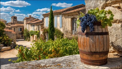 A picturesque, sun-drenched view of a charming European village, featuring a wooden barrel filled with grapes, nestled amidst vine-covered buildings.