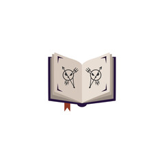 Flat vector illustration of an open magic spell book with mystical symbols, representing witchcraft, knowledge, and Halloween magic.