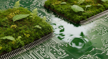 Eco-Friendly Technology Concept: Green Circuit Board with Plants and Nature Integration