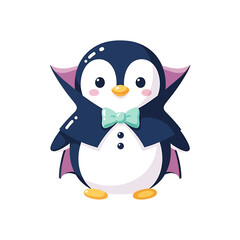 Obraz premium Adorable cartoon penguin character wearing a vampire costume with a cape and bow tie. Cute animal vector illustration for Halloween, isolated on white