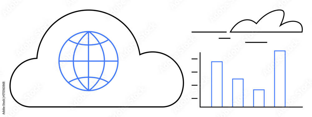 Aufkleber cloud icon containing a globe beside a bar graph with data visualization, representing analytics, ne