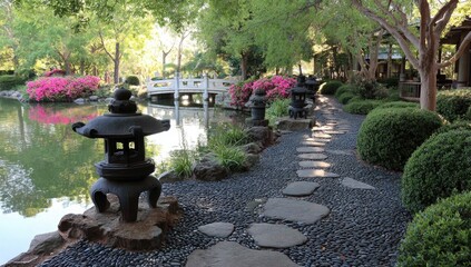 Tranquil garden path winds through a serene Japanese-style landscape, featuring dark stone lanterns and a calm pond.
