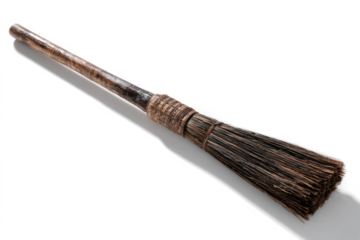 Old, worn broom with dark bristles and a wrapped handle on a white surface.