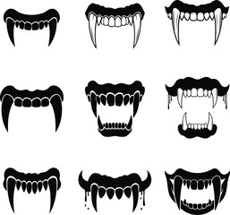 Halloween Fangs Icons Set - A Pack of 9 Different Silhouette Illustrations with a White Backgroun