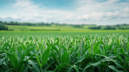 Obraz premium Lush Green Cornfield Under Bright Blue Sky with Soft Cloud Cover