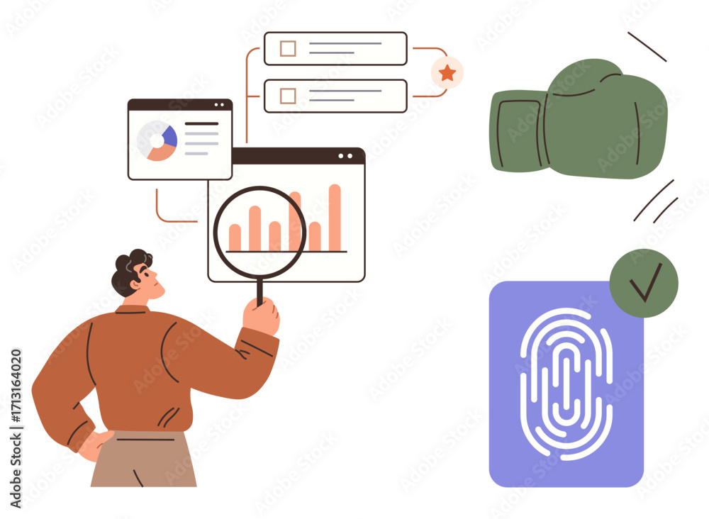 Poster man analyzing charts with magnifying glass, fingerprint scan for security, boxing glove for risk and