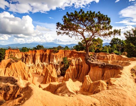 Terracotta canyons, a lone tree, dramatic landscape