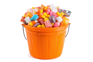 An orange plastic bucket filled with various Halloween candies.
