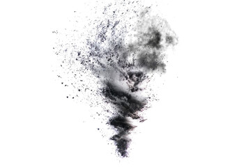 A dynamic explosion of black powder forming a swirling tornado shape against a white background.