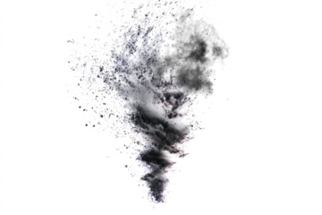 A dynamic explosion of black powder forming a swirling tornado shape against a white background.