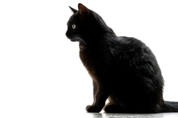 A sleek black domestic cat with green eyes sits in profile looking to the side against a bright white background.