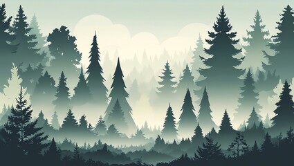 Dense evergreen forest shrouded in mist and fog