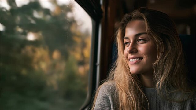 Woman smiling in wonder and deep thought looking out a train of a moving train during a late daytime sunset