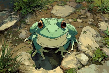 Whimsical Green Frog Cartoon Style Illustration in Pond Habitat: Playful Digital Art of Cute Animal Character in Nature Scene