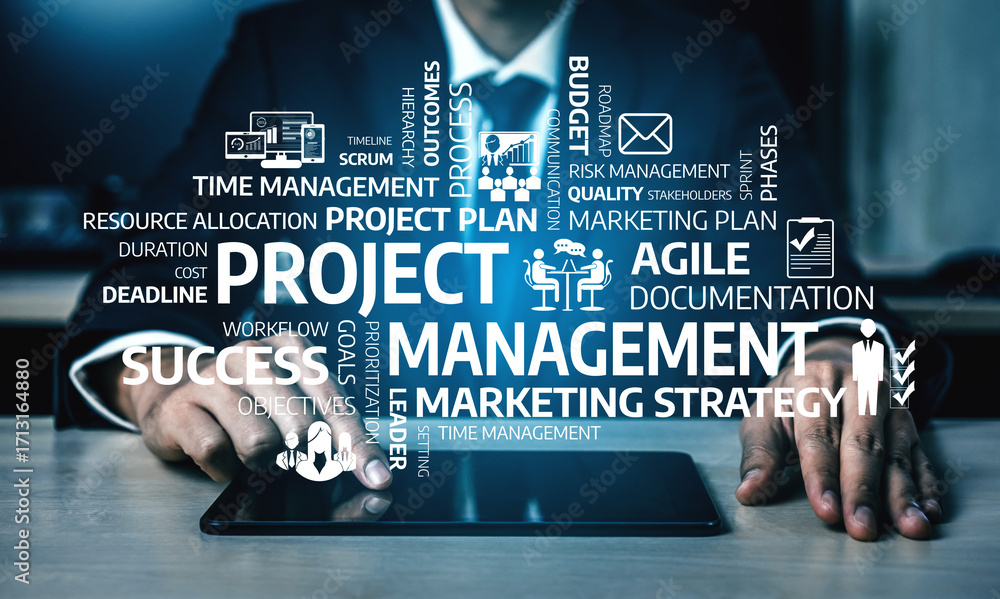 Aufkleber a businessman engages with project management concepts using a tablet, highlighted by keywords relat