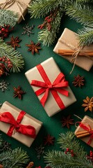 Festive gift boxes wrapped in elegant paper and adorned with red ribbons, surrounded by holiday decorations, creating a cozy and cheerful atmosphere for the season.