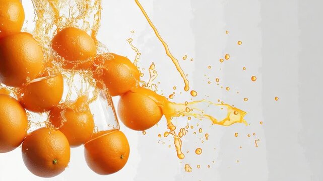 Group of whole and halved oranges are splashing juice on a bright white background