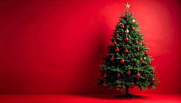 A vibrant Christmas tree stands boldly against a rich red backdrop, adorned with festive red and gold ornaments.