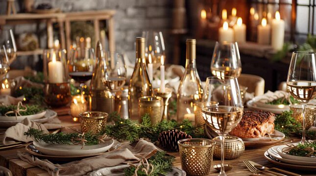 Dining table set with elegant glassware, festive greenery, and glowing candles, creating a warm atmosphere for a joyful gathering