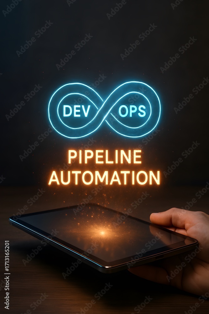 Poster a futuristic glowing devops and pipeline automation concept illustration.