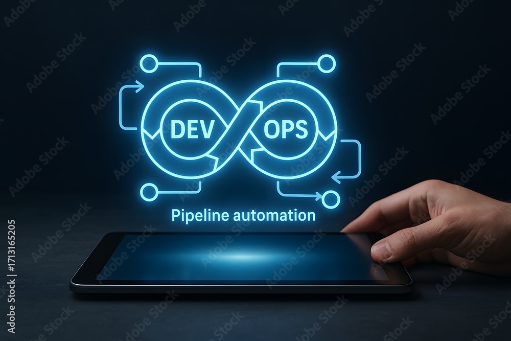 Poster devops pipeline automation concept on digital tablet.
