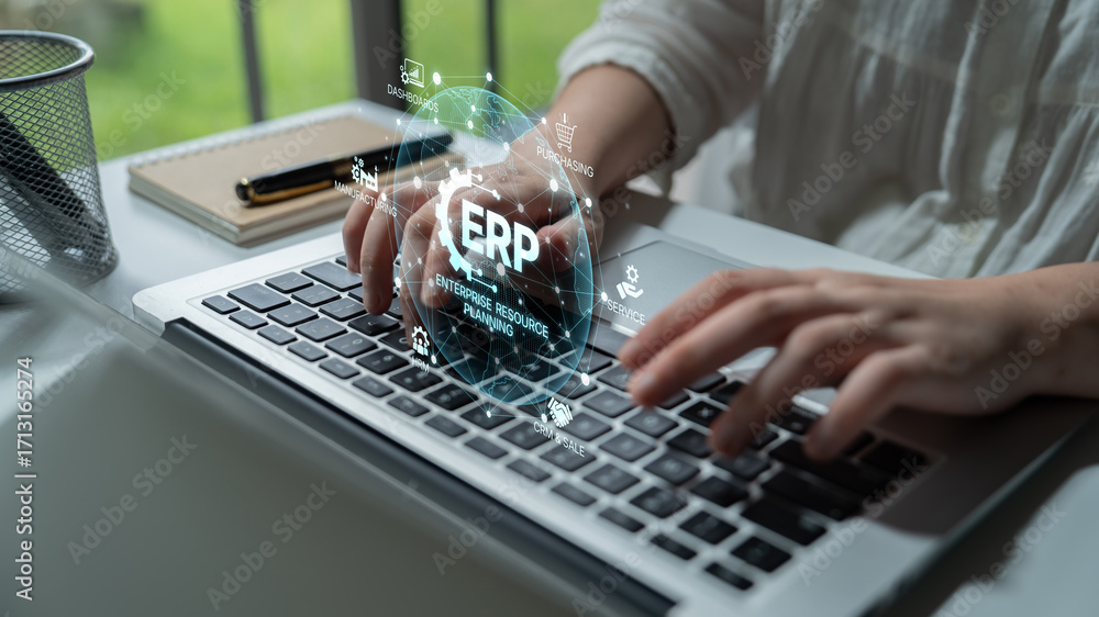 Poster erp platform visual showing centralized system for enterprise resource planning, improving integrati
