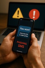 Depicting the dangers of a phishing scam: a smartphone displaying a fraudulent SMS message. 