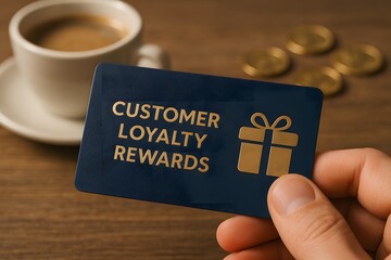 A person holding a customer loyalty reward card and coffee cup. 