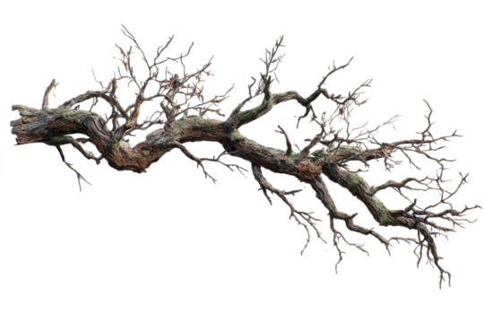 A large, gnarled, and weathered leafless tree branch with intricate twigs, isolated against a plain white background.