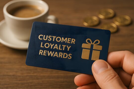 A person holding a customer loyalty reward card and coffee cup. 