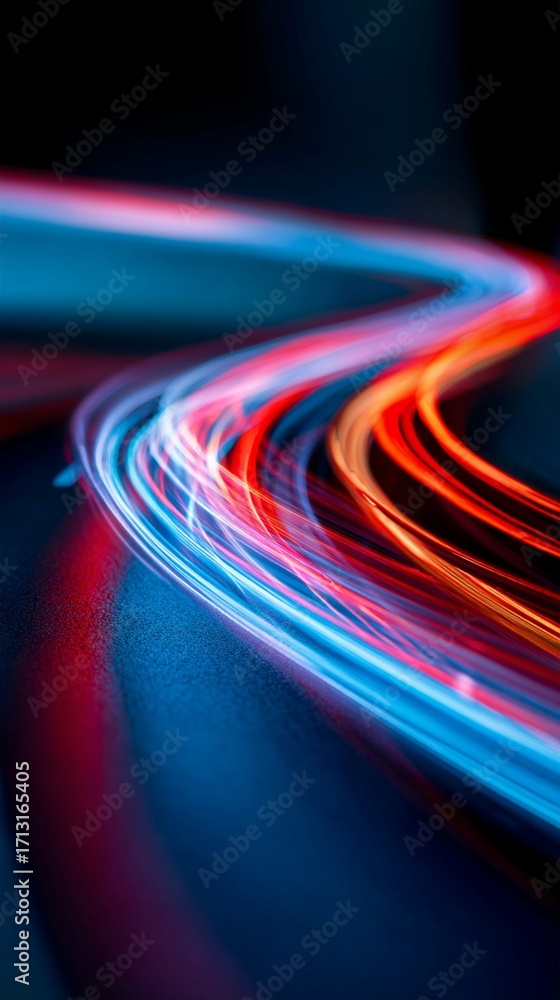 Poster capturing the dynamic interplay of vibrant red and blue light trails on a dark background, this abst