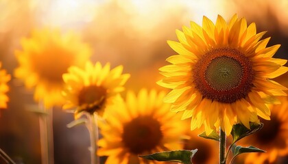Fototapeta premium Sunflower Flowers On Soft Blur Background Closeup Bright Yellow Sunflowers In Bright Golden Sunlight With Bokeh