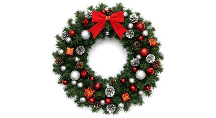 Festive christmas wreath with red bow silver ornaments and pine cones on a white background decoration holiday