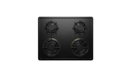 Sleek black stovetop with four burners, showcasing modern kitchen appliance design. Top view. Isolated on transparent background, png