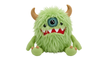 Friendly green plush monster toy with a single large eye, horns, and a toothy smile poses cheerfully. Isolated on transparent background, png