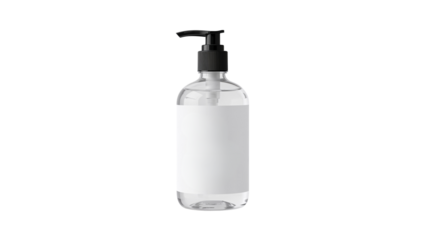 Clear dispenser bottle with pump. Ideal for sanitizers, soaps, lotions, and various liquids. Isolated on transparent background, png