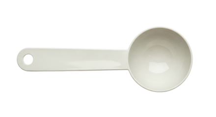 Off-white plastic measuring spoon, top view, handle to left, hole in handle for hanging. Isolated on transparent background, png