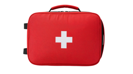 Red first aid kit, featuring a prominent white cross, designed for emergency medical supplies. Isolated on transparent background, png