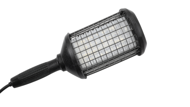 Industrial-style LED light with protective metal cage, durable black handle, and visible cord. Isolated on transparent background, png
