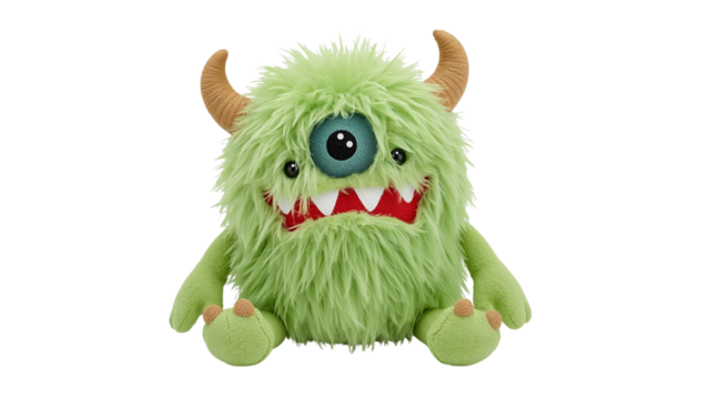 Friendly green plush monster toy with a single large eye, horns, and a toothy smile poses cheerfully. Isolated on transparent background, png