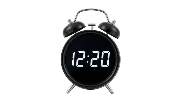 A sleek, digital alarm clock displaying the time 12:20 with a classic twin bell design. Isolated on transparent background, png