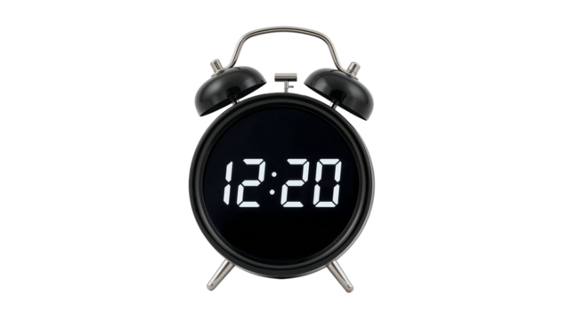 A sleek, digital alarm clock displaying the time 12:20 with a classic twin bell design. Isolated on transparent background, png