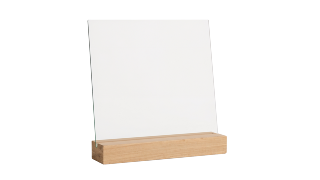 A clear acrylic display stands on a light wood base, framed. Tabletop sign. Isolated on transparent background, png