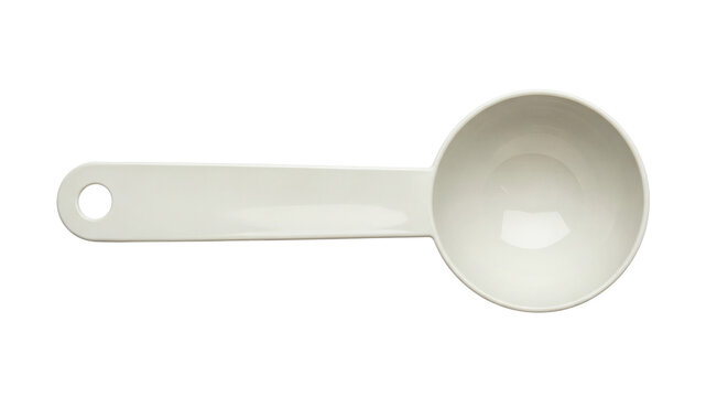 Off-white plastic measuring spoon, top view, handle to left, hole in handle for hanging. Isolated on transparent background, png