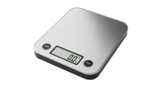 Precise Measurements: Digital kitchen scale for accurate ingredient portions, displayed on a clear LCD. Isolated on transparent background, png
