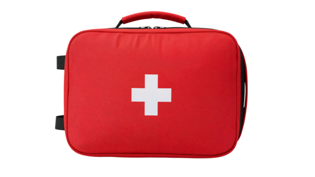 Red first aid kit, featuring a prominent white cross, designed for emergency medical supplies. Isolated on transparent background, png