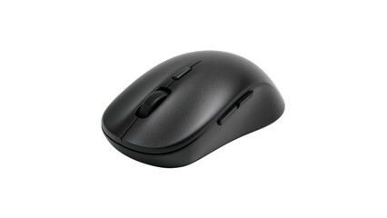 Wireless black computer mouse with scroll wheel and side buttons. Isolated on transparent background, png