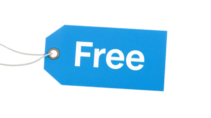 A light blue tag with the word 'Free' in bold white letters, attached with a string and metal ring.. Isolated on transparent background, png